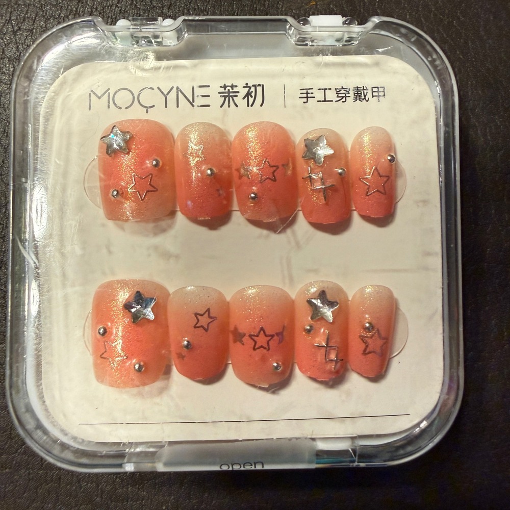 Mocyne 24pc Press On Nails NEW Peach Ombre Glitter Star Celestial 3D